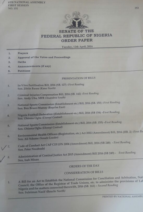 Order paper listing the bill sponsored to amend the CCT and ACJA laws under which Saraki is being tried